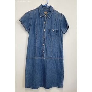 Ann Taylor Blue Vtg 90s 100% Cotton Denim Short Sleeve Shirt Dress - Size 10